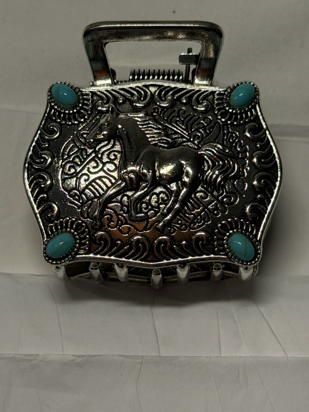 Silver-Tone Western Horse Hair Clip with Faux Turquoise Accents 2"